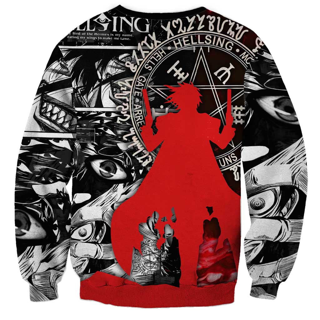 Alucard Hellsing Manga Collage Black and Red Design Sweatshirt with Gun Pose and Symbolic Silhouettes - The Mazicc