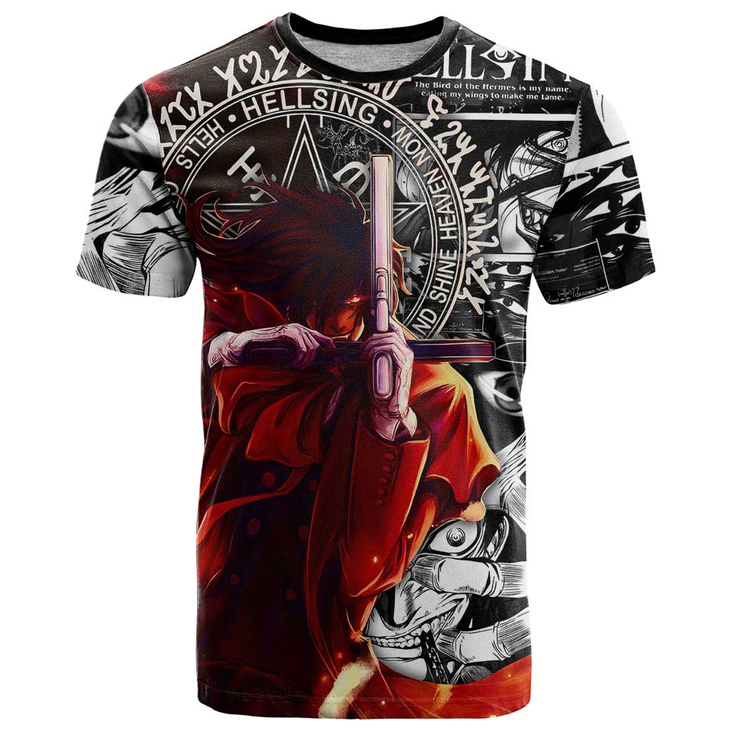 Alucard Hellsing Manga Collage Black and Red Design T Shirt with Gun Pose and Symbolic Silhouettes - The Mazicc