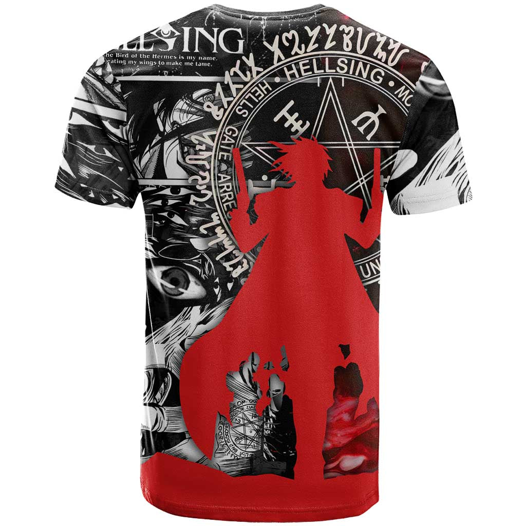 Alucard Hellsing Manga Collage Black and Red Design T Shirt with Gun Pose and Symbolic Silhouettes - The Mazicc