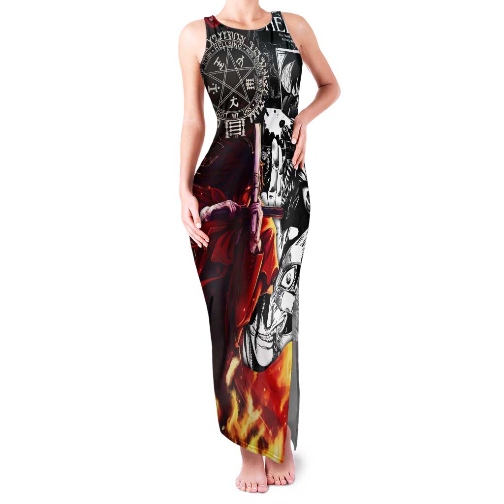 Alucard Hellsing Manga Collage Black and Red Design Tank Maxi Dress with Gun Pose and Symbolic Silhouettes - The Mazicc