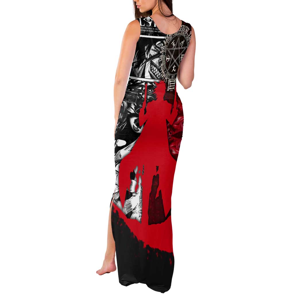 Alucard Hellsing Manga Collage Black and Red Design Tank Maxi Dress with Gun Pose and Symbolic Silhouettes - The Mazicc