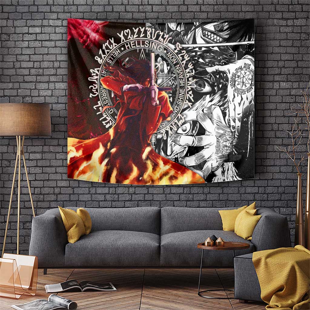Alucard Hellsing Manga Collage Black and Red Design Tapestry with Gun Pose and Symbolic Silhouettes - The Mazicc