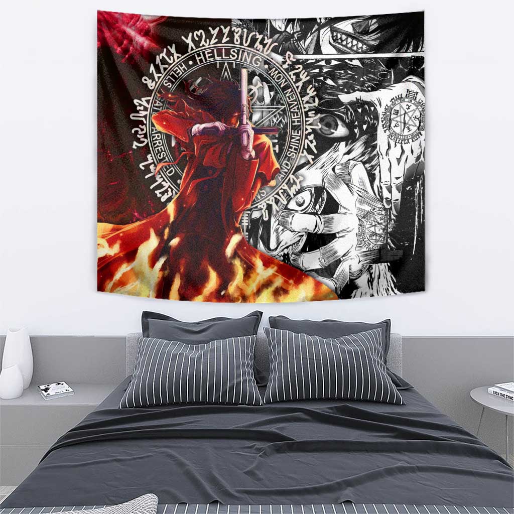 Alucard Hellsing Manga Collage Black and Red Design Tapestry with Gun Pose and Symbolic Silhouettes - The Mazicc