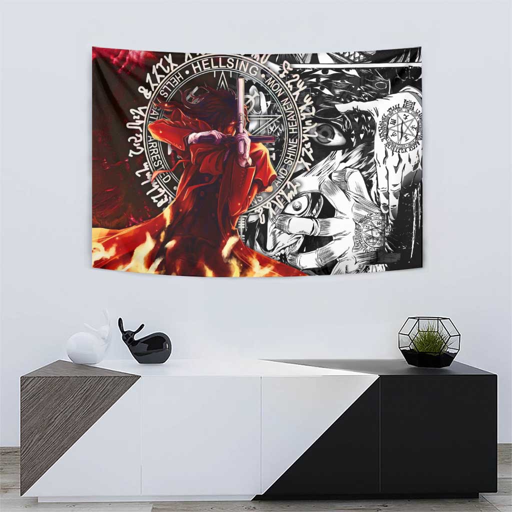 Alucard Hellsing Manga Collage Black and Red Design Tapestry with Gun Pose and Symbolic Silhouettes - The Mazicc