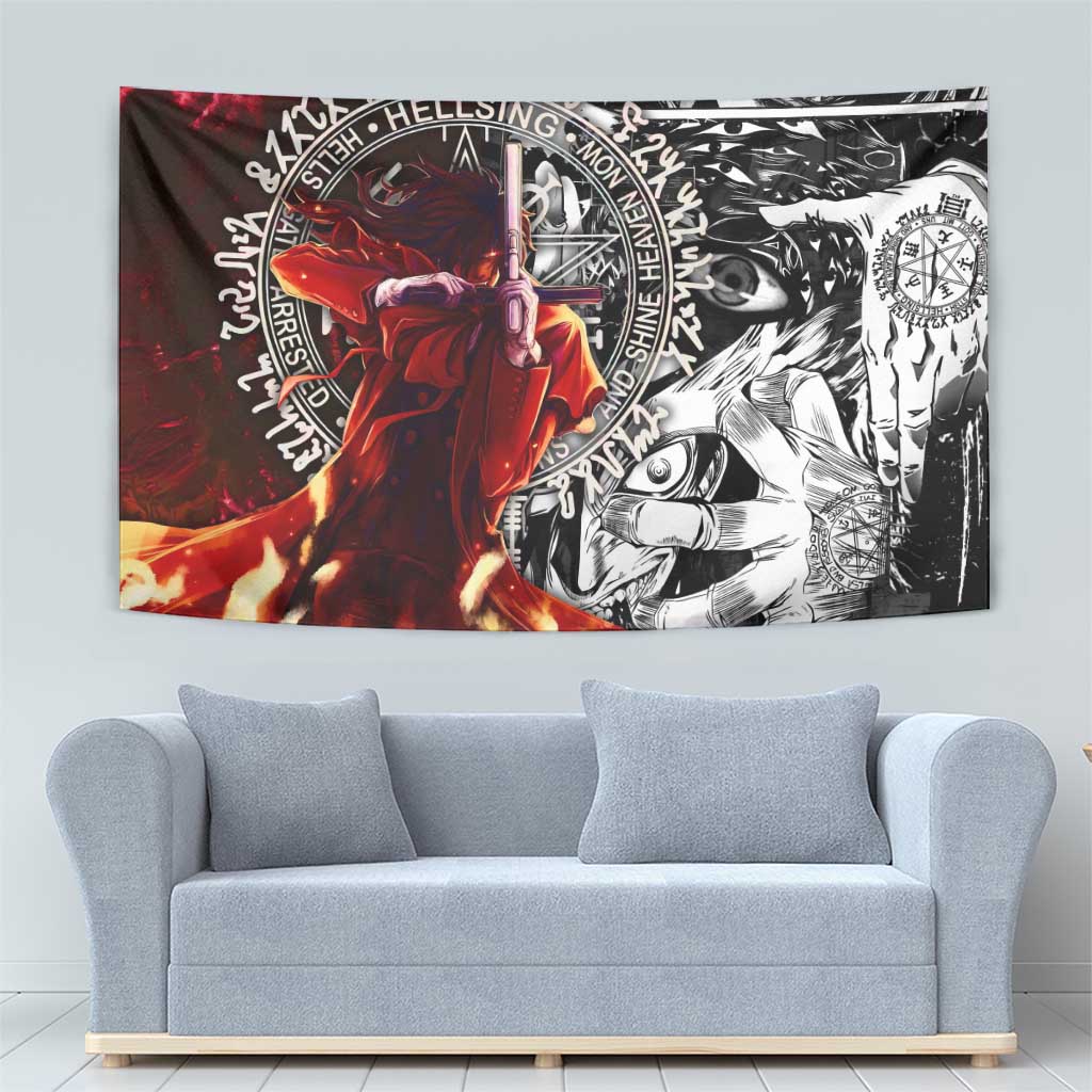 Alucard Hellsing Manga Collage Black and Red Design Tapestry with Gun Pose and Symbolic Silhouettes - The Mazicc