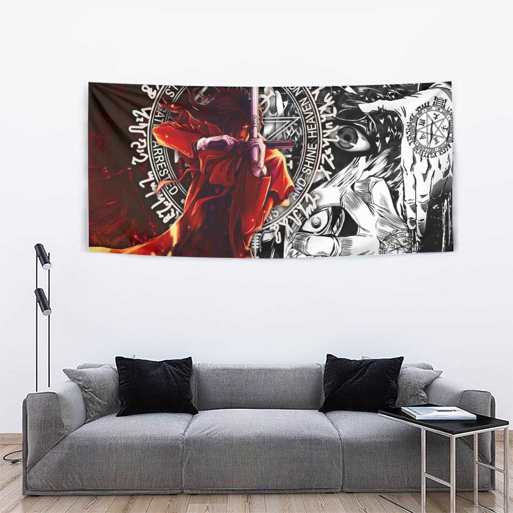 Alucard Hellsing Manga Collage Black and Red Design Tapestry with Gun Pose and Symbolic Silhouettes - The Mazicc