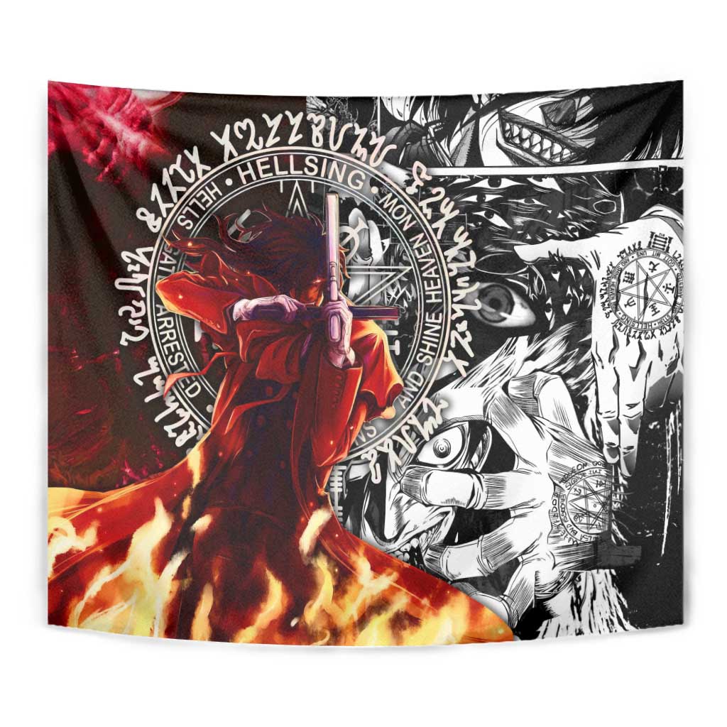 Alucard Hellsing Manga Collage Black and Red Design Tapestry with Gun Pose and Symbolic Silhouettes - The Mazicc