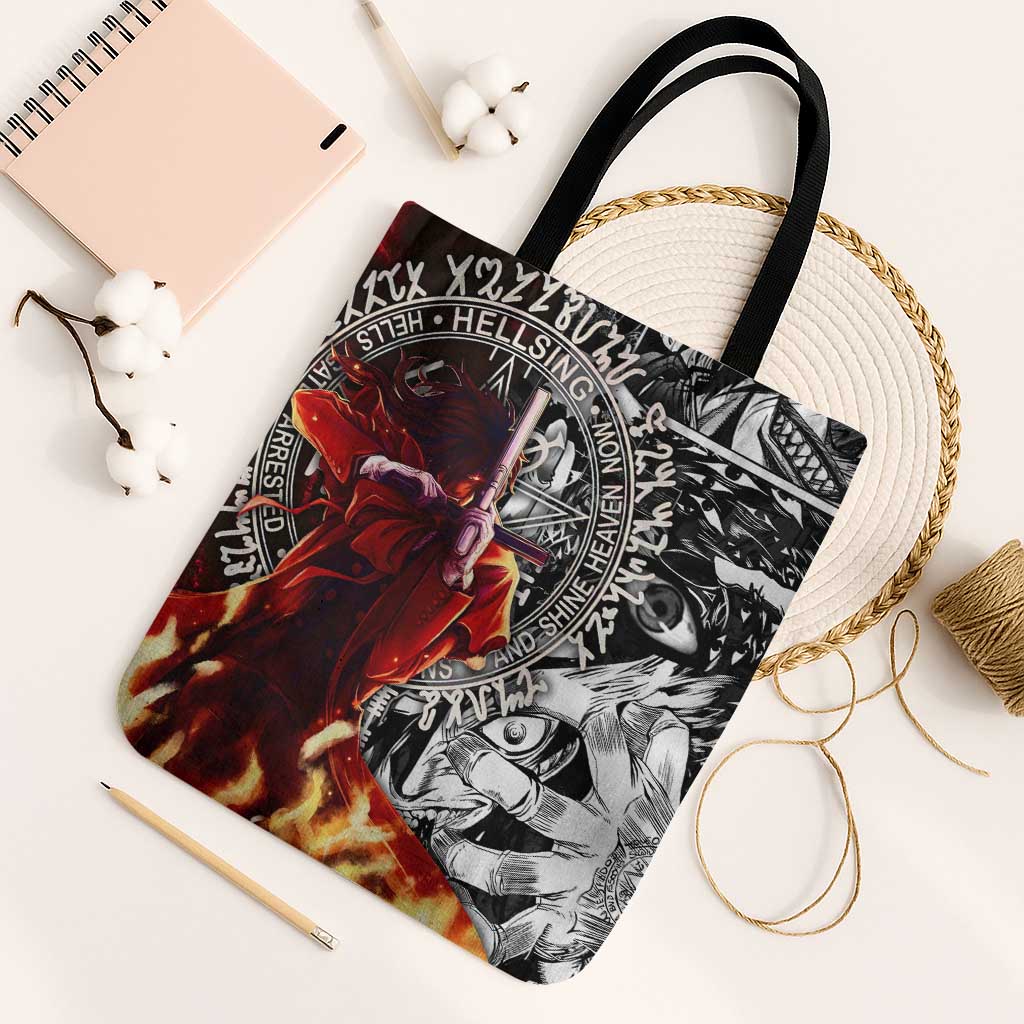 Alucard Hellsing Manga Collage Black and Red Design Tote Bag with Gun Pose and Symbolic Silhouettes - The Mazicc