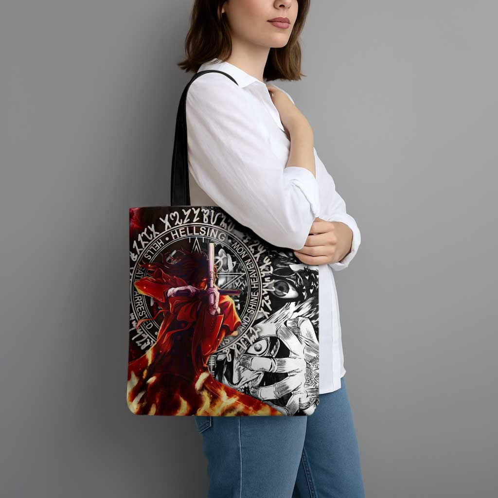 Alucard Hellsing Manga Collage Black and Red Design Tote Bag with Gun Pose and Symbolic Silhouettes - The Mazicc