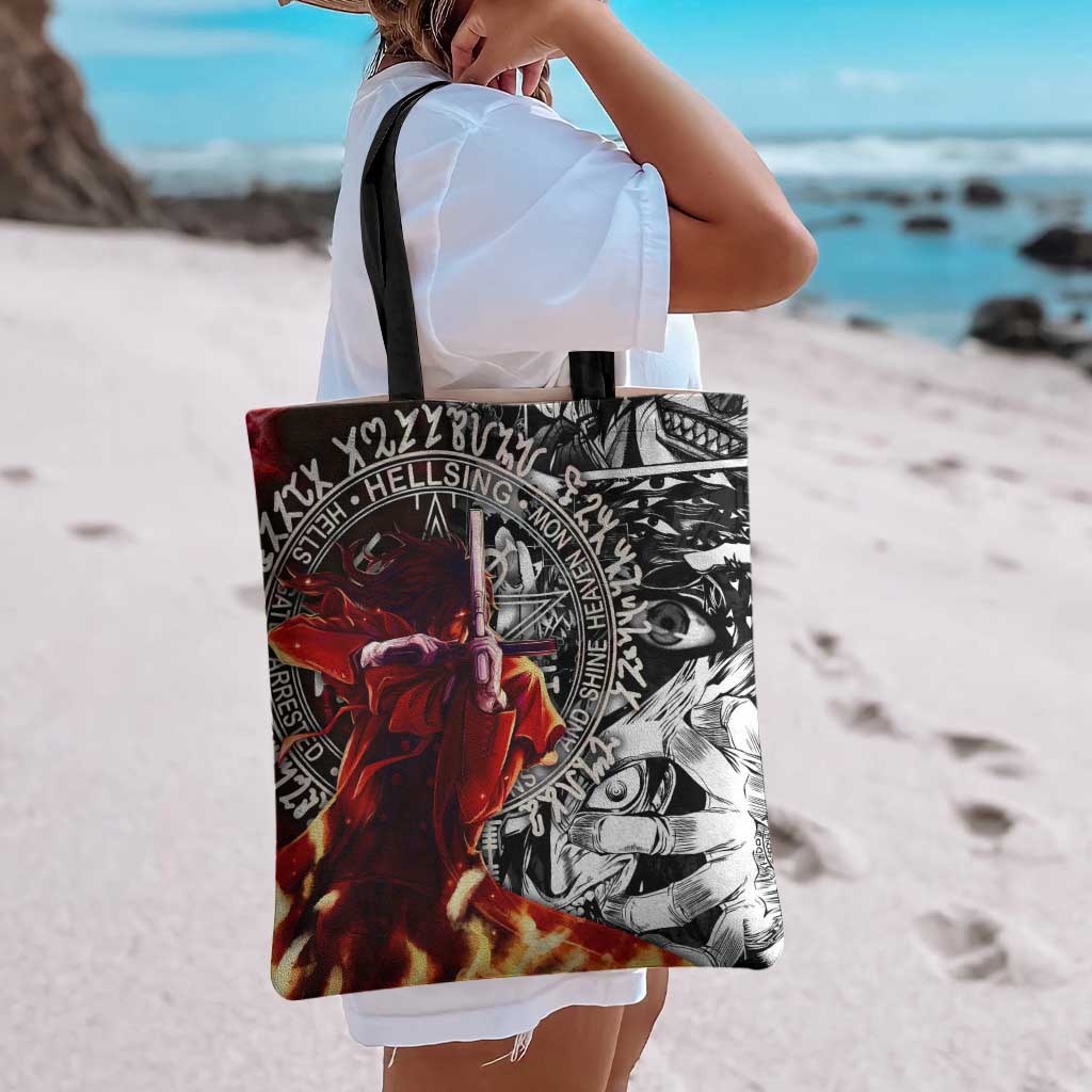 Alucard Hellsing Manga Collage Black and Red Design Tote Bag with Gun Pose and Symbolic Silhouettes - The Mazicc