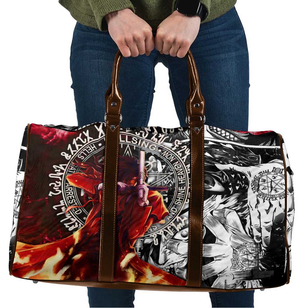 Alucard Hellsing Manga Collage Black and Red Design Travel Bag with Gun Pose and Symbolic Silhouettes - The Mazicc