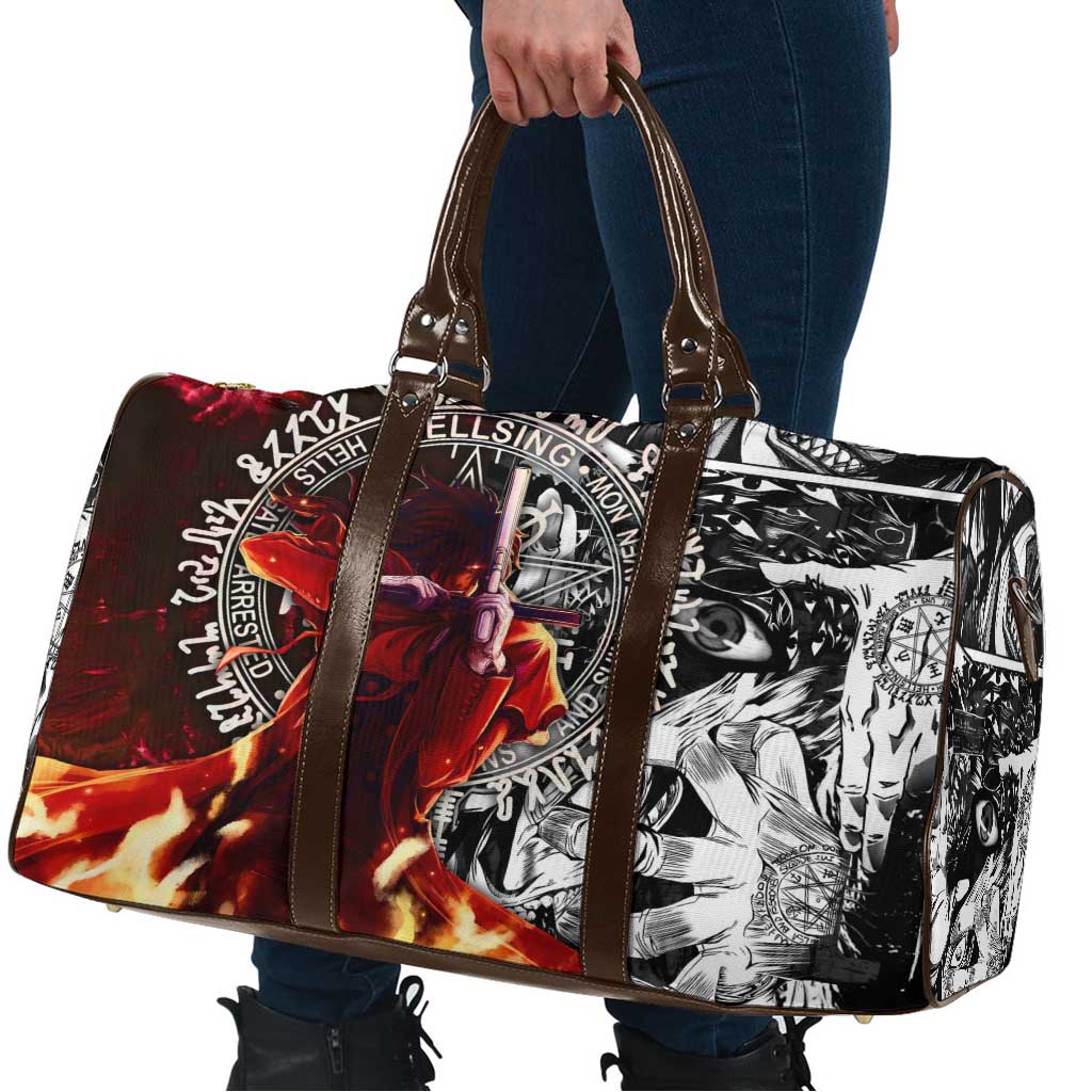 Alucard Hellsing Manga Collage Black and Red Design Travel Bag with Gun Pose and Symbolic Silhouettes - The Mazicc
