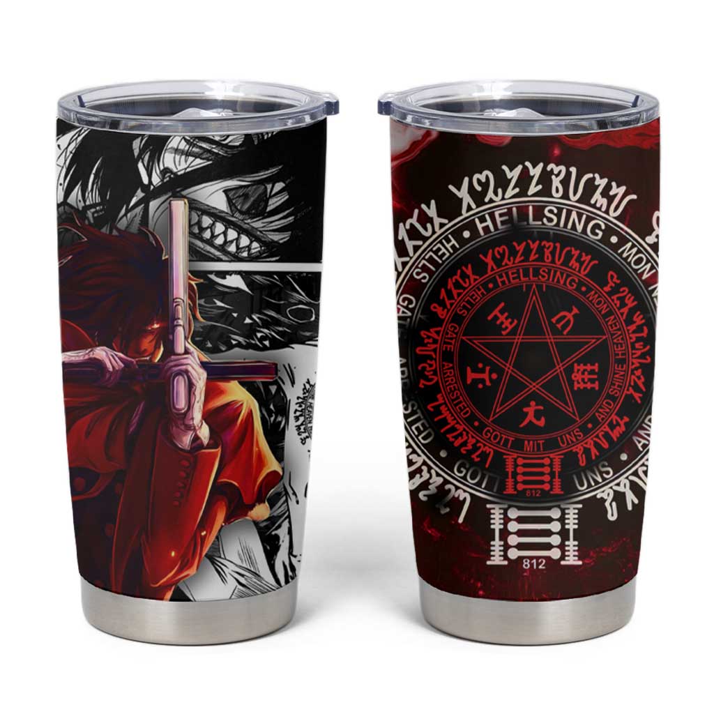Alucard Hellsing Manga Collage Black and Red Design Tumbler Cup with Gun Pose and Symbolic Silhouettes - The Mazicc