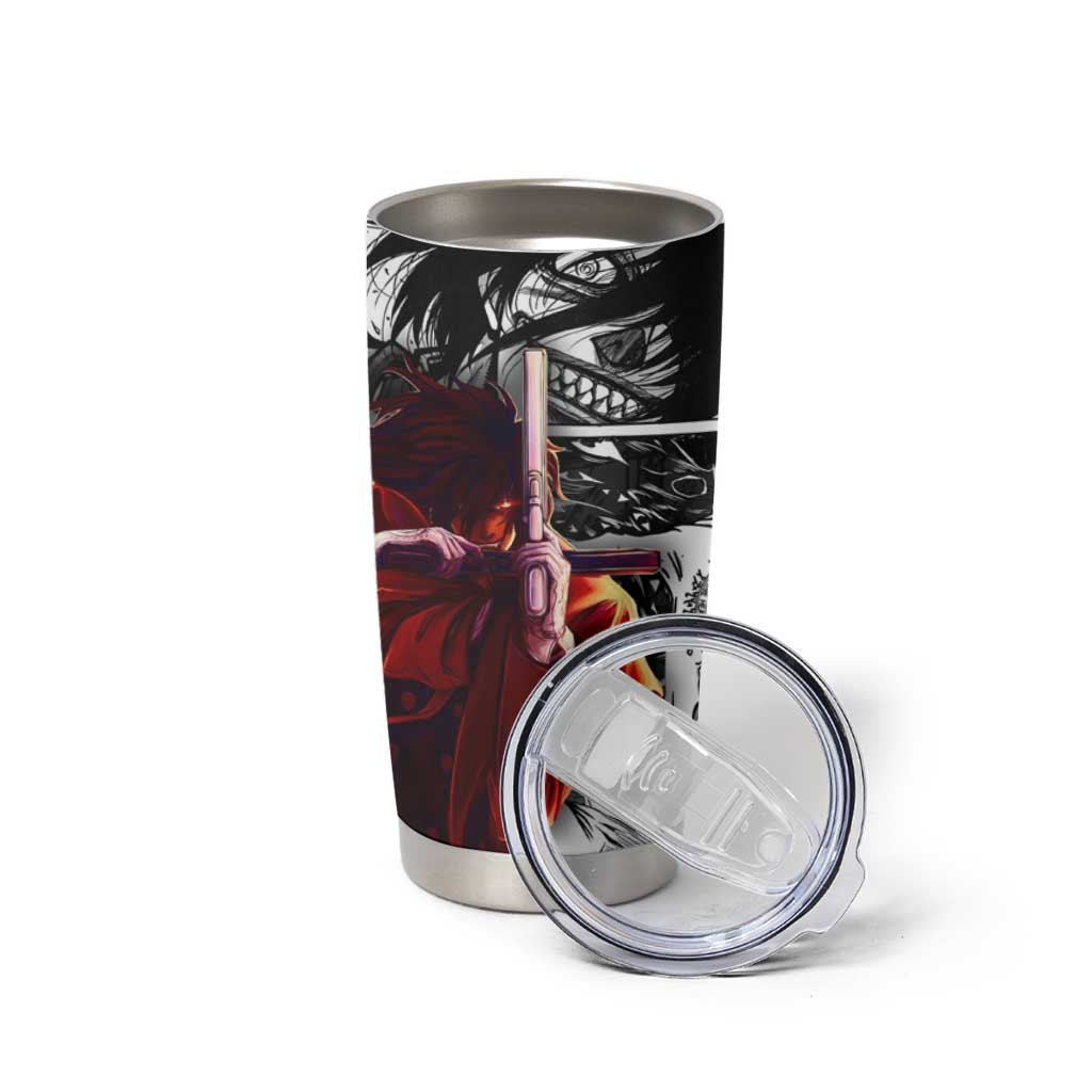 Alucard Hellsing Manga Collage Black and Red Design Tumbler Cup with Gun Pose and Symbolic Silhouettes - The Mazicc