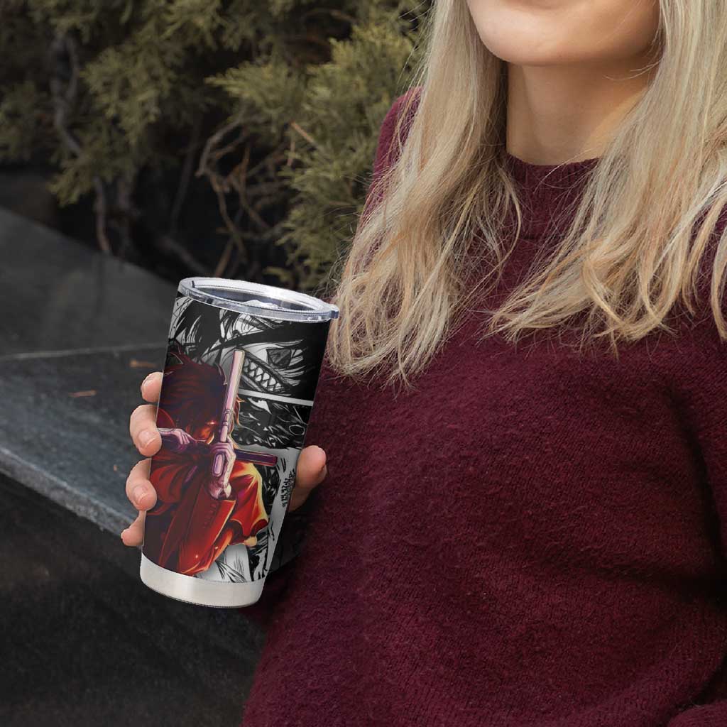 Alucard Hellsing Manga Collage Black and Red Design Tumbler Cup with Gun Pose and Symbolic Silhouettes - The Mazicc