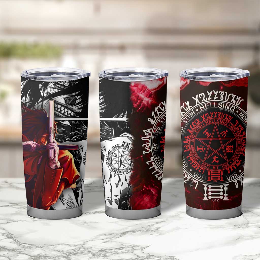 Alucard Hellsing Manga Collage Black and Red Design Tumbler Cup with Gun Pose and Symbolic Silhouettes - The Mazicc