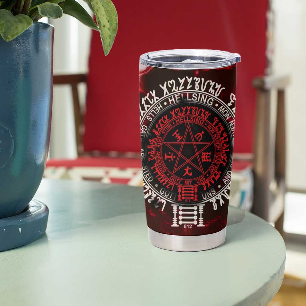Alucard Hellsing Manga Collage Black and Red Design Tumbler Cup with Gun Pose and Symbolic Silhouettes - The Mazicc