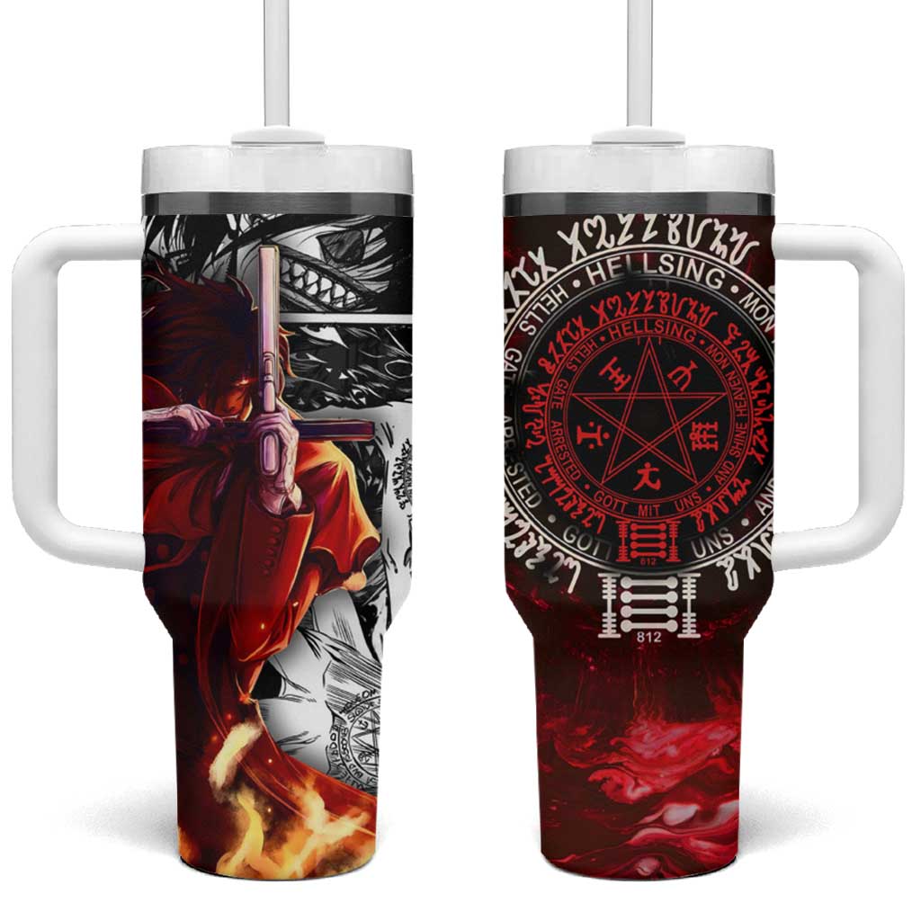 Alucard Hellsing Manga Collage Black and Red Design Tumbler With Handle with Gun Pose and Symbolic Silhouettes - The Mazicc
