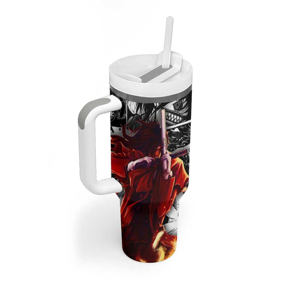 Alucard Hellsing Manga Collage Black and Red Design Tumbler With Handle with Gun Pose and Symbolic Silhouettes - The Mazicc