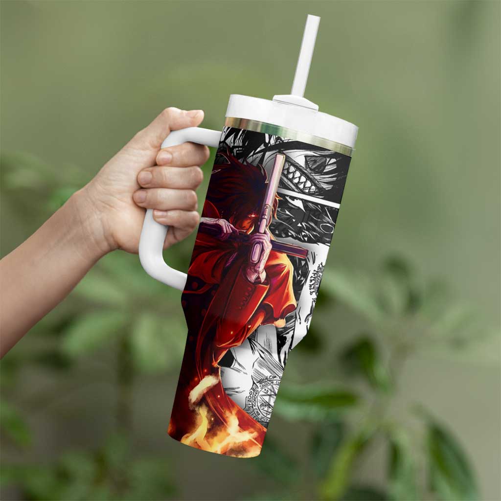 Alucard Hellsing Manga Collage Black and Red Design Tumbler With Handle with Gun Pose and Symbolic Silhouettes - The Mazicc