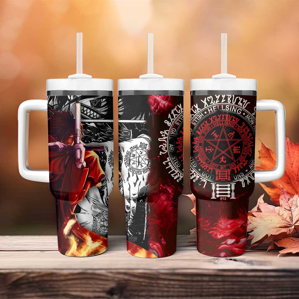 Alucard Hellsing Manga Collage Black and Red Design Tumbler With Handle with Gun Pose and Symbolic Silhouettes - The Mazicc