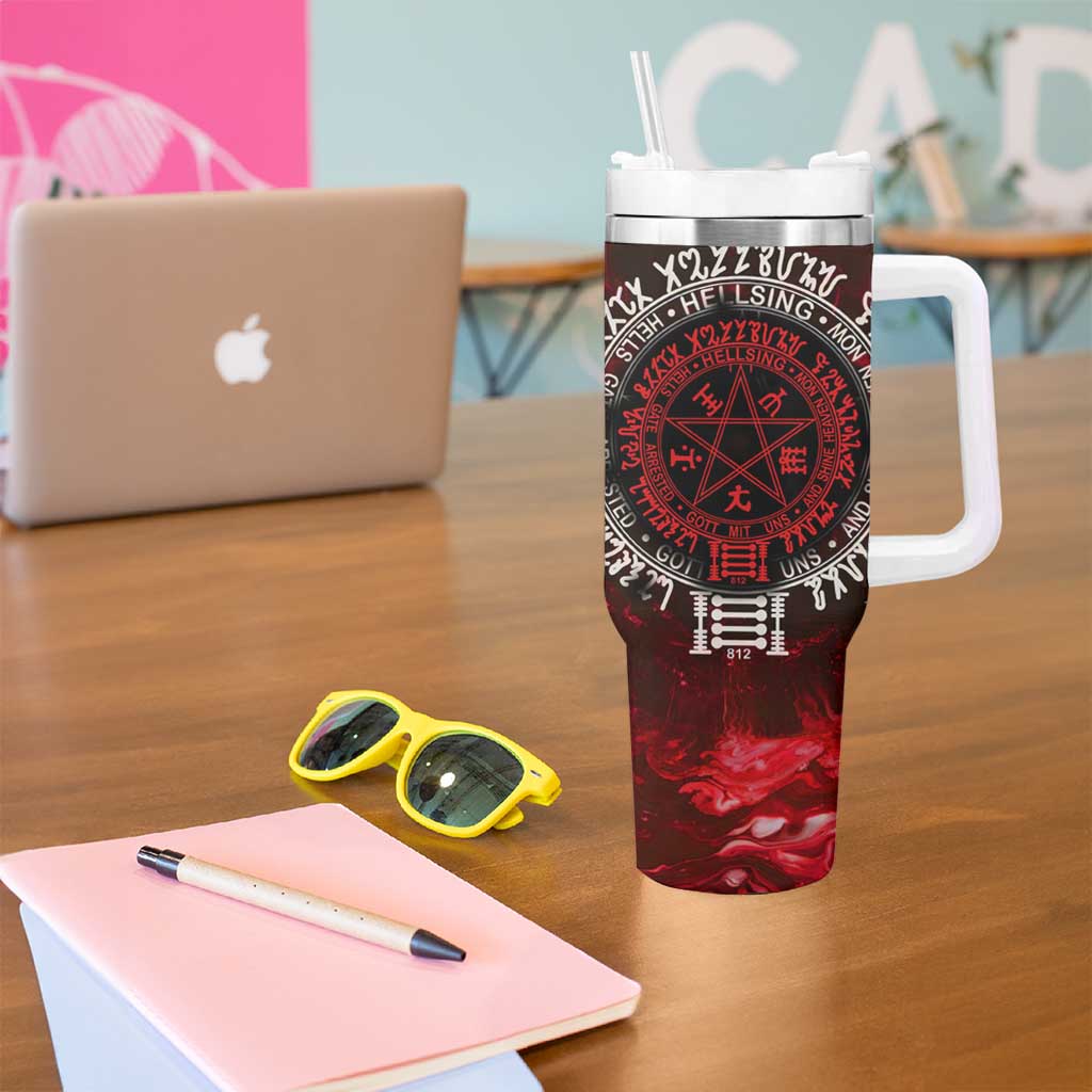 Alucard Hellsing Manga Collage Black and Red Design Tumbler With Handle with Gun Pose and Symbolic Silhouettes - The Mazicc