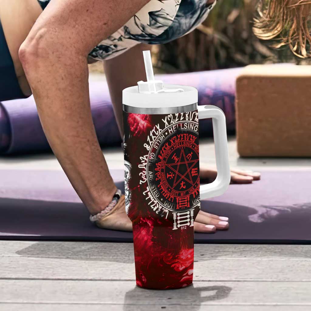 Alucard Hellsing Manga Collage Black and Red Design Tumbler With Handle with Gun Pose and Symbolic Silhouettes - The Mazicc