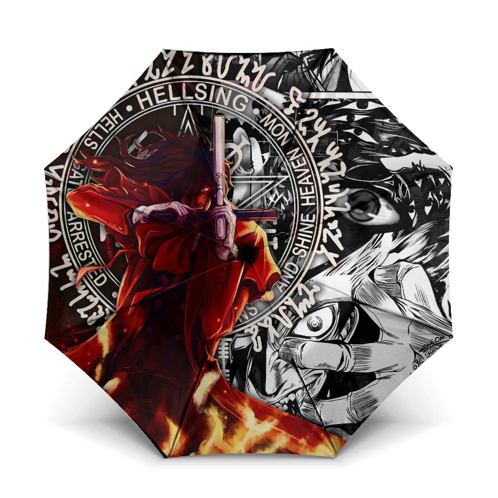 Alucard Hellsing Manga Collage Black and Red Design Umbrella with Gun Pose and Symbolic Silhouettes - The Mazicc