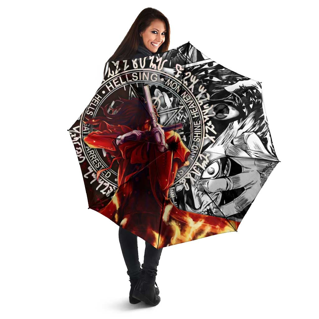 Alucard Hellsing Manga Collage Black and Red Design Umbrella with Gun Pose and Symbolic Silhouettes - The Mazicc