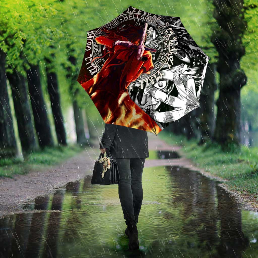 Alucard Hellsing Manga Collage Black and Red Design Umbrella with Gun Pose and Symbolic Silhouettes - The Mazicc