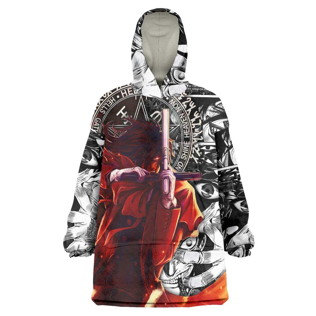 Alucard Hellsing Manga Collage Black and Red Design Wearable Blanket Hoodie with Gun Pose and Symbolic Silhouettes - The Mazicc