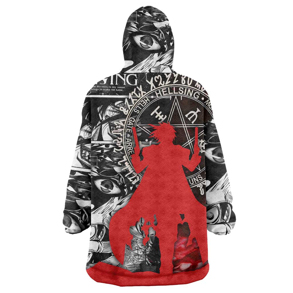 Alucard Hellsing Manga Collage Black and Red Design Wearable Blanket Hoodie with Gun Pose and Symbolic Silhouettes - The Mazicc