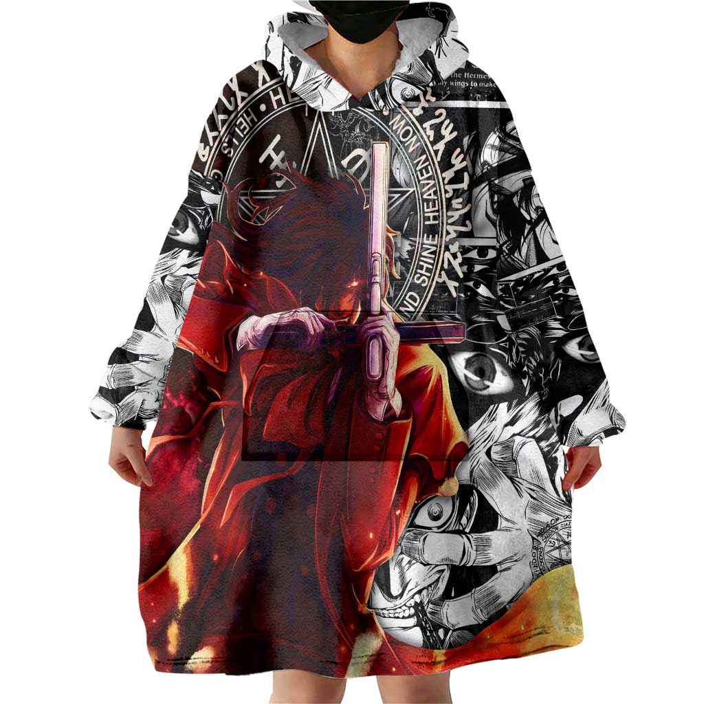 Alucard Hellsing Manga Collage Black and Red Design Wearable Blanket Hoodie with Gun Pose and Symbolic Silhouettes - The Mazicc