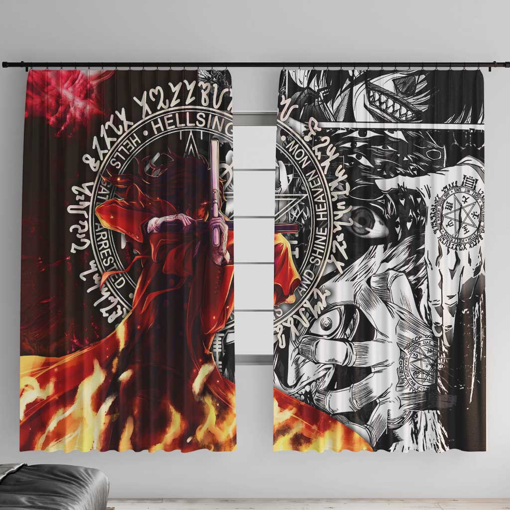 Alucard Hellsing Manga Collage Black and Red Design Window Curtain with Gun Pose and Symbolic Silhouettes - The Mazicc