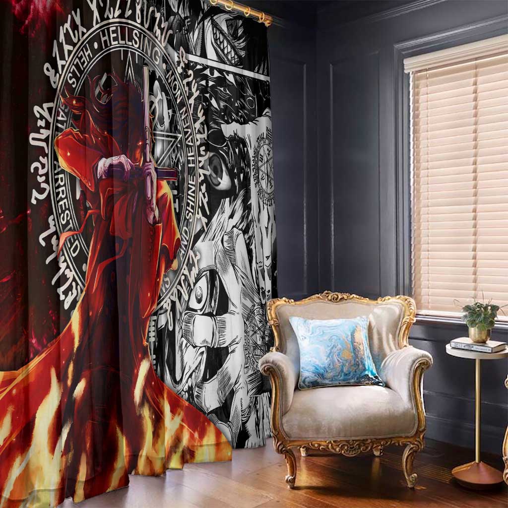 Alucard Hellsing Manga Collage Black and Red Design Window Curtain with Gun Pose and Symbolic Silhouettes - The Mazicc