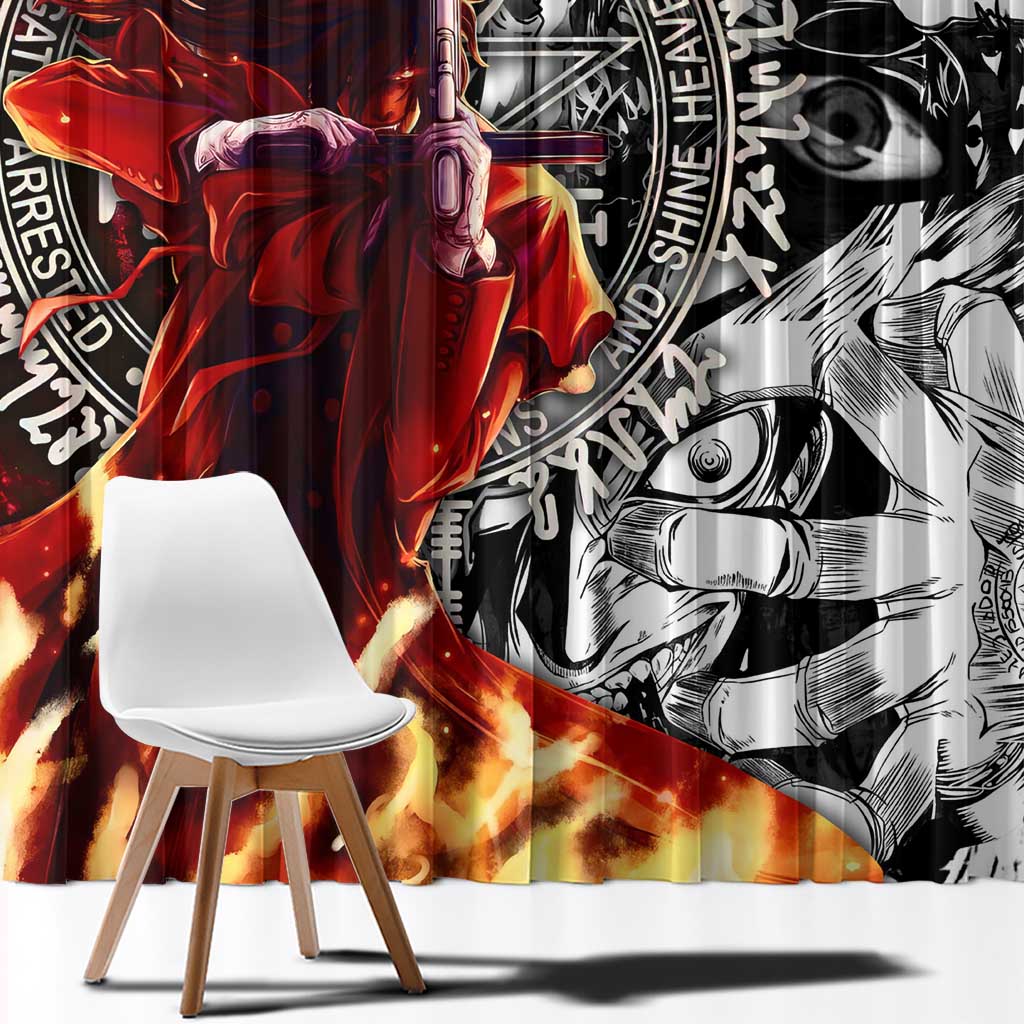 Alucard Hellsing Manga Collage Black and Red Design Window Curtain with Gun Pose and Symbolic Silhouettes - The Mazicc