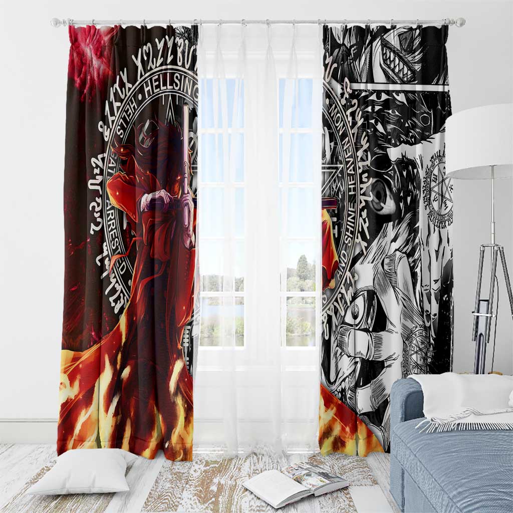 Alucard Hellsing Manga Collage Black and Red Design Window Curtain with Gun Pose and Symbolic Silhouettes - The Mazicc