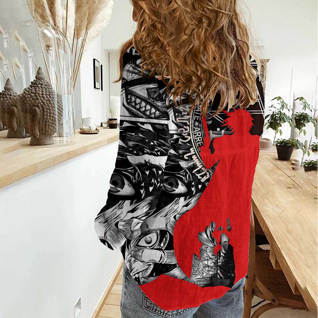 Alucard Hellsing Manga Collage Black and Red Design Women Casual Shirt with Gun Pose and Symbolic Silhouettes - The Mazicc