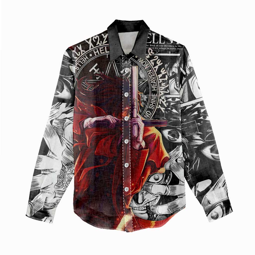 Alucard Hellsing Manga Collage Black and Red Design Women Casual Shirt with Gun Pose and Symbolic Silhouettes - The Mazicc