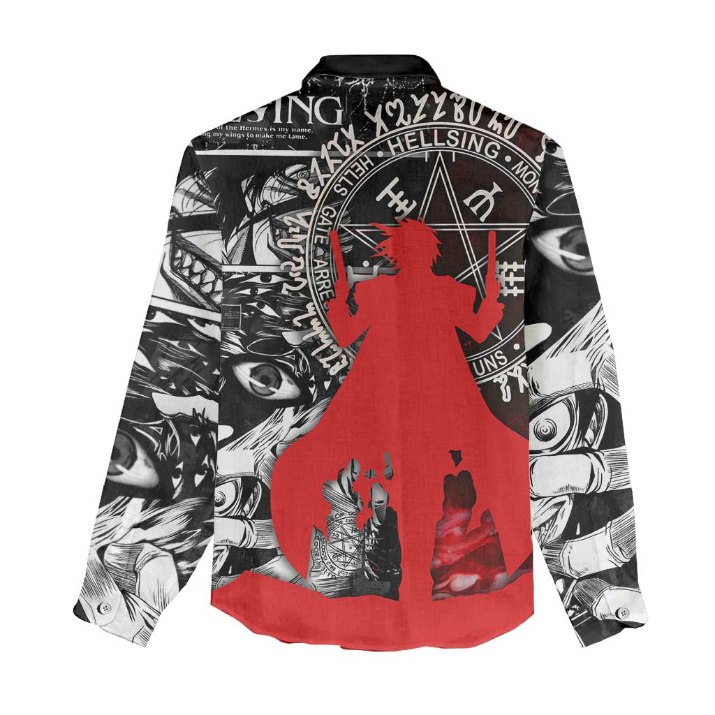 Alucard Hellsing Manga Collage Black and Red Design Women Casual Shirt with Gun Pose and Symbolic Silhouettes - The Mazicc