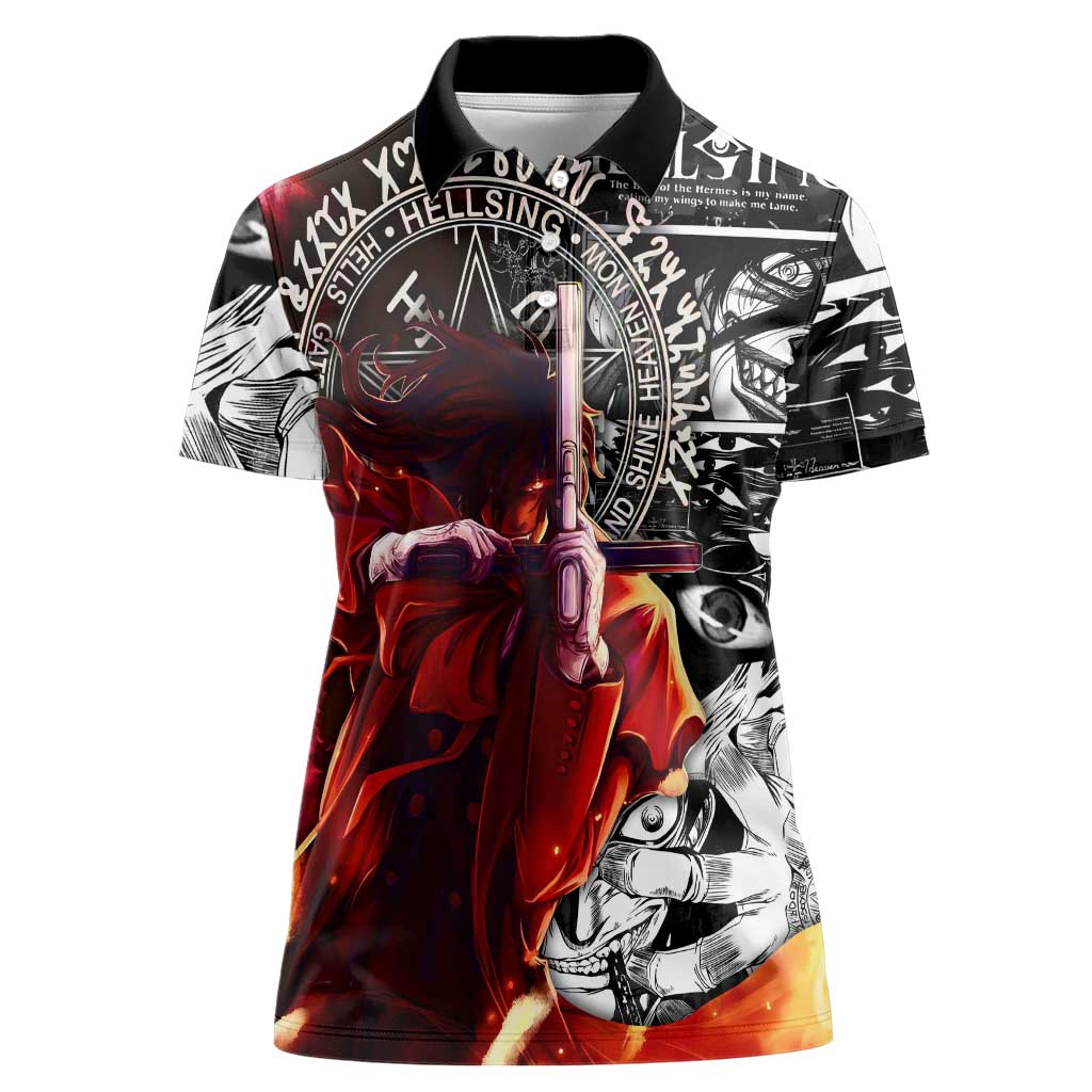 Alucard Hellsing Manga Collage Black and Red Design Women Polo Shirt with Gun Pose and Symbolic Silhouettes - The Mazicc