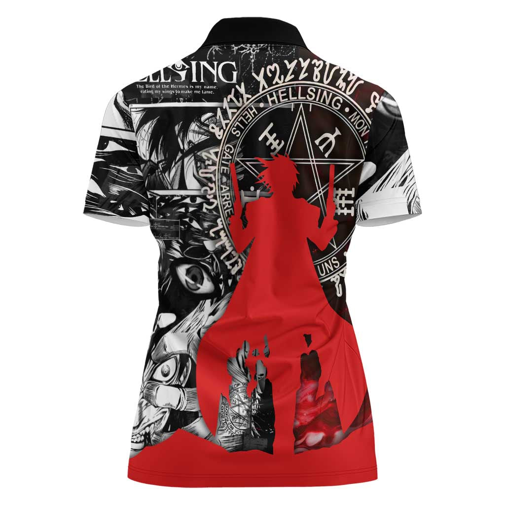 Alucard Hellsing Manga Collage Black and Red Design Women Polo Shirt with Gun Pose and Symbolic Silhouettes - The Mazicc