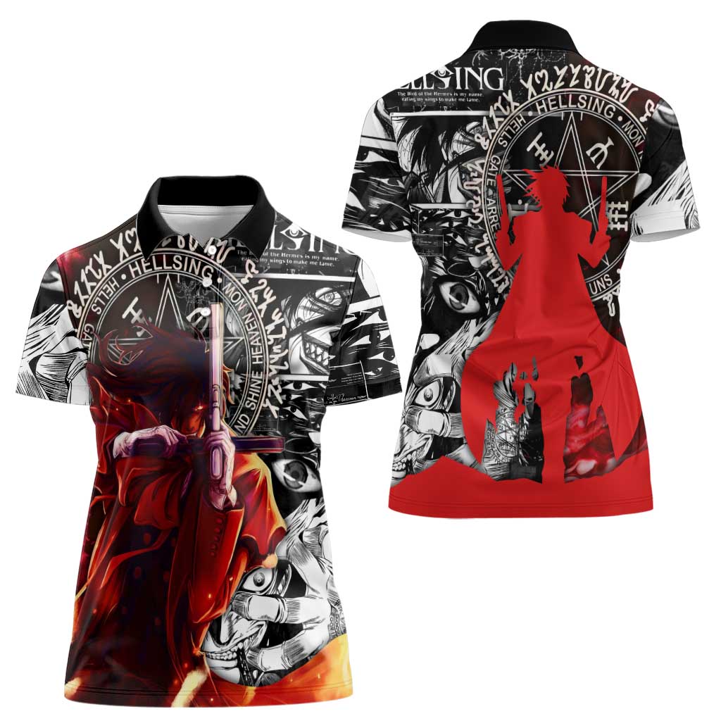 Alucard Hellsing Manga Collage Black and Red Design Women Polo Shirt with Gun Pose and Symbolic Silhouettes - The Mazicc