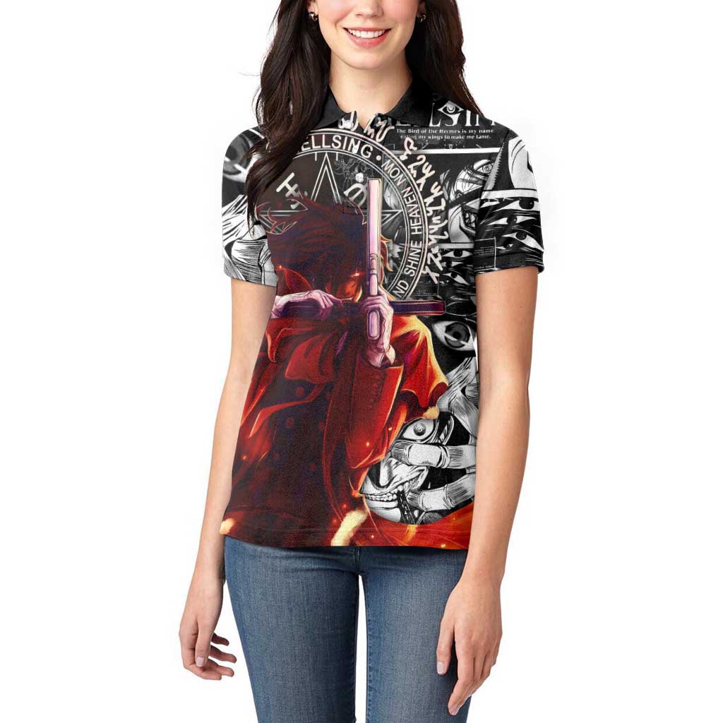 Alucard Hellsing Manga Collage Black and Red Design Women Polo Shirt with Gun Pose and Symbolic Silhouettes - The Mazicc
