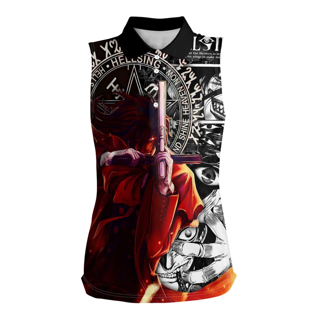 Alucard Hellsing Manga Collage Black and Red Design Women Sleeveless Polo Shirt with Gun Pose and Symbolic Silhouettes - The Mazicc