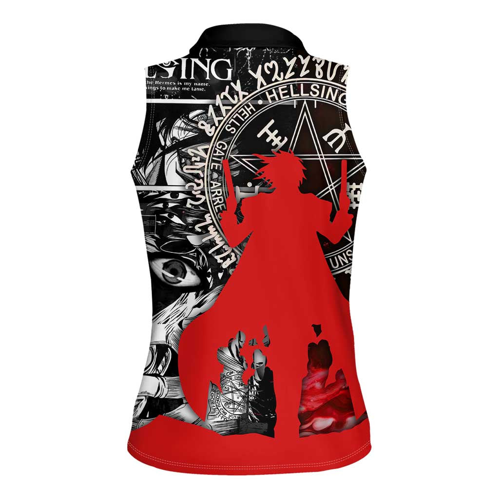 Alucard Hellsing Manga Collage Black and Red Design Women Sleeveless Polo Shirt with Gun Pose and Symbolic Silhouettes - The Mazicc