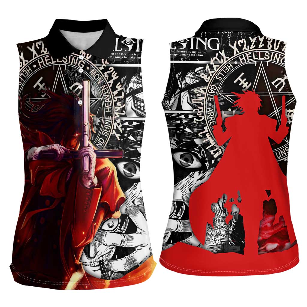 Alucard Hellsing Manga Collage Black and Red Design Women Sleeveless Polo Shirt with Gun Pose and Symbolic Silhouettes - The Mazicc