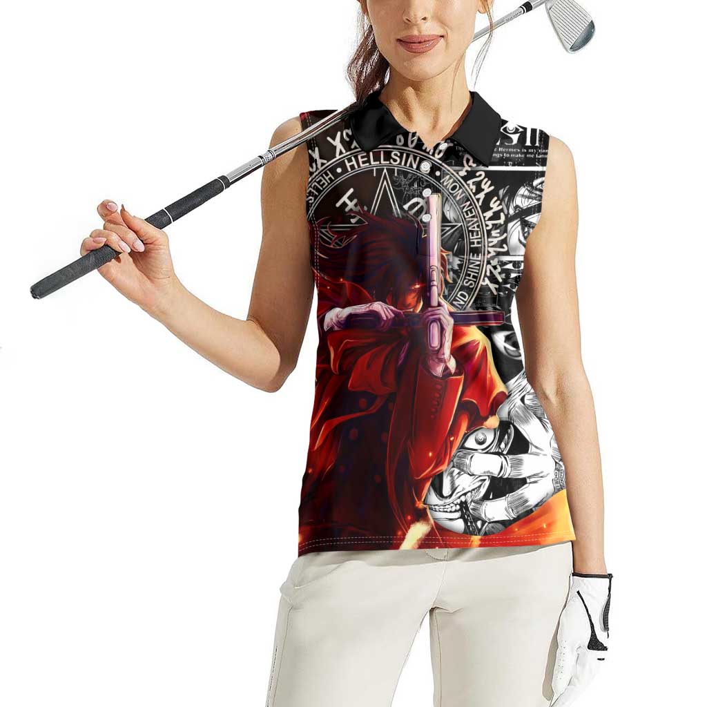 Alucard Hellsing Manga Collage Black and Red Design Women Sleeveless Polo Shirt with Gun Pose and Symbolic Silhouettes - The Mazicc