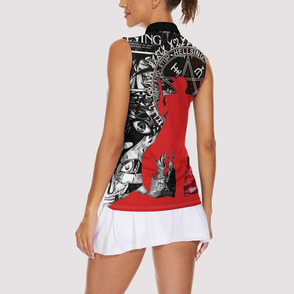 Alucard Hellsing Manga Collage Black and Red Design Women Sleeveless Polo Shirt with Gun Pose and Symbolic Silhouettes - The Mazicc