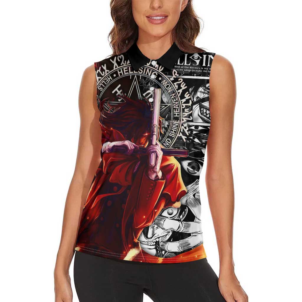 Alucard Hellsing Manga Collage Black and Red Design Women Sleeveless Polo Shirt with Gun Pose and Symbolic Silhouettes - The Mazicc